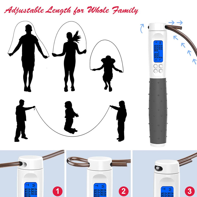 [Australia - AusPower] - Te-Rich Jump Rope, Weighted Jump Rope for Fitness, Skipping Rope with Counter - Heavy Handles, Adjustable Length - Cordless Jumping Rope for Men Women Kids White+Gray 