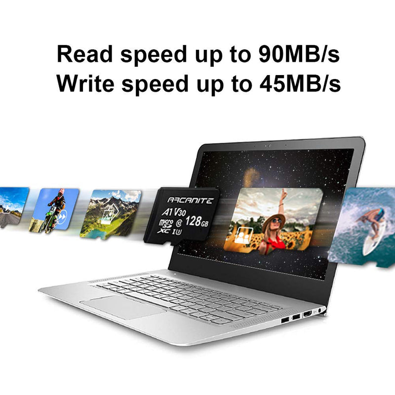 [Australia - AusPower] - ARCANITE 128GB microSDXC Memory Card with Adapter - A1, UHS-I U3, V30, 4K, C10, Micro SD, Optimal Read speeds up to 90 MB/s A1 High Speed 