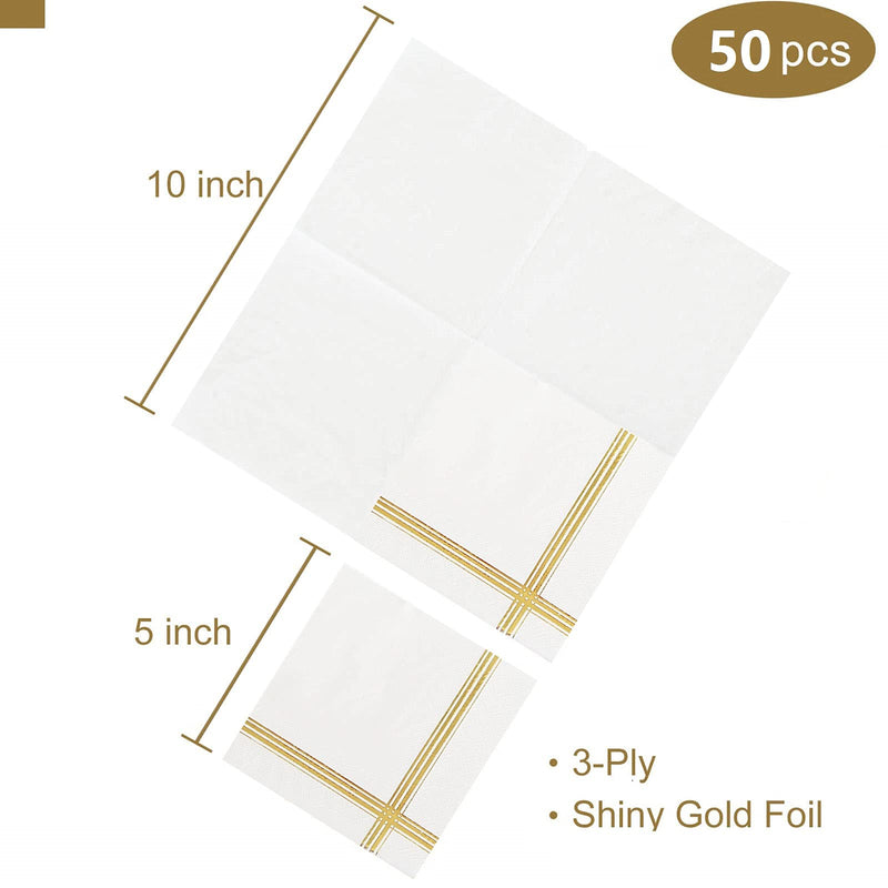 [Australia - AusPower] - Gexolenu Shiny Gold Stripe Foil Cocktail Napkins,- Decorative Paper beverage Stripe Napkins, , Perfect for Wedding table decoration, Birthdays & Anniversary Parties, Daily Use(3-ply, 50 Pcs,10" x 10") White + Gold Stripe 