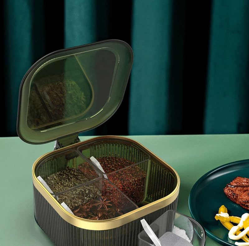[Australia - AusPower] - 4 Compartments Seasoning Box With Lid,Clear Seasoning Storage Box Container,Seasoning Box with Cover and Serving Spoons,Kitchen Condiment Jars,Plastic Seasoning Box Set(Green) Green 