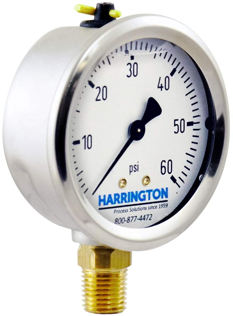 [Australia - AusPower] - Harrington 52894974 2-1/2" Liquid Filled Pressure Gauge 0/60 psi 304 Stainless Steel with Vented Fill Plug 1/4" NPT Bottom Mount Industrial Grade A +/- 2/1/2% Accuracy ASME B40.100 Model 213.53 