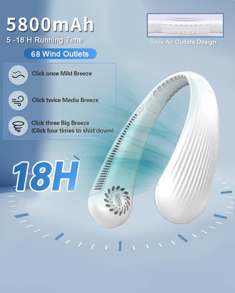 [Australia - AusPower] - Portable Neck Fan, Bladeless Cooling Fan, 8H Working Time, Headphone Design Personal Fan, Adjustable Neck Fan with 3 Speeds, for Travel Desk Bedroom White 