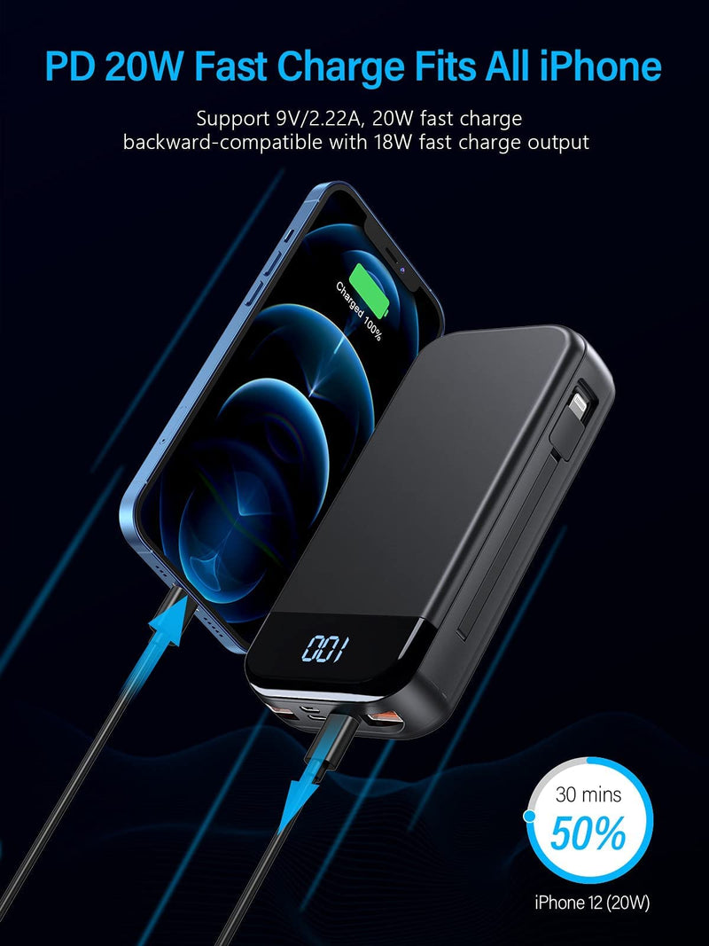 [Australia - AusPower] - Portable Charger 32000mAh, BLJIB 22.5W QC 3.0 PD 20W Smart LED Display Fast Charging Built in Cables Power Bank, External Battery Pack Charge 5 Devices Compatible with Cellphones 