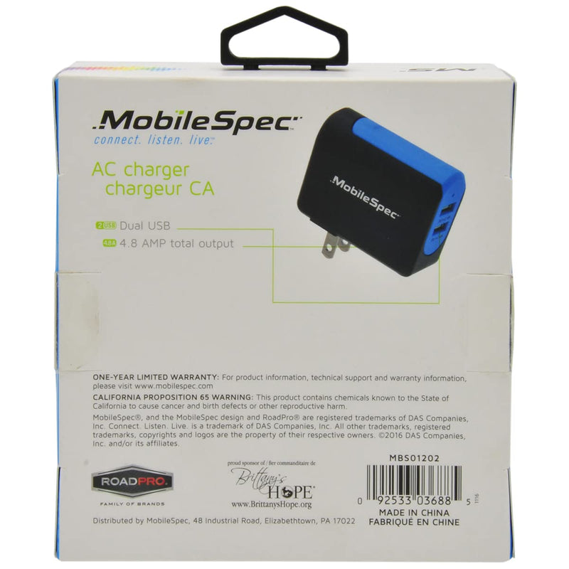 [Australia - AusPower] - Mobile Spec MBS01202 Dual Port USB Wall Charger,Black and Blue 