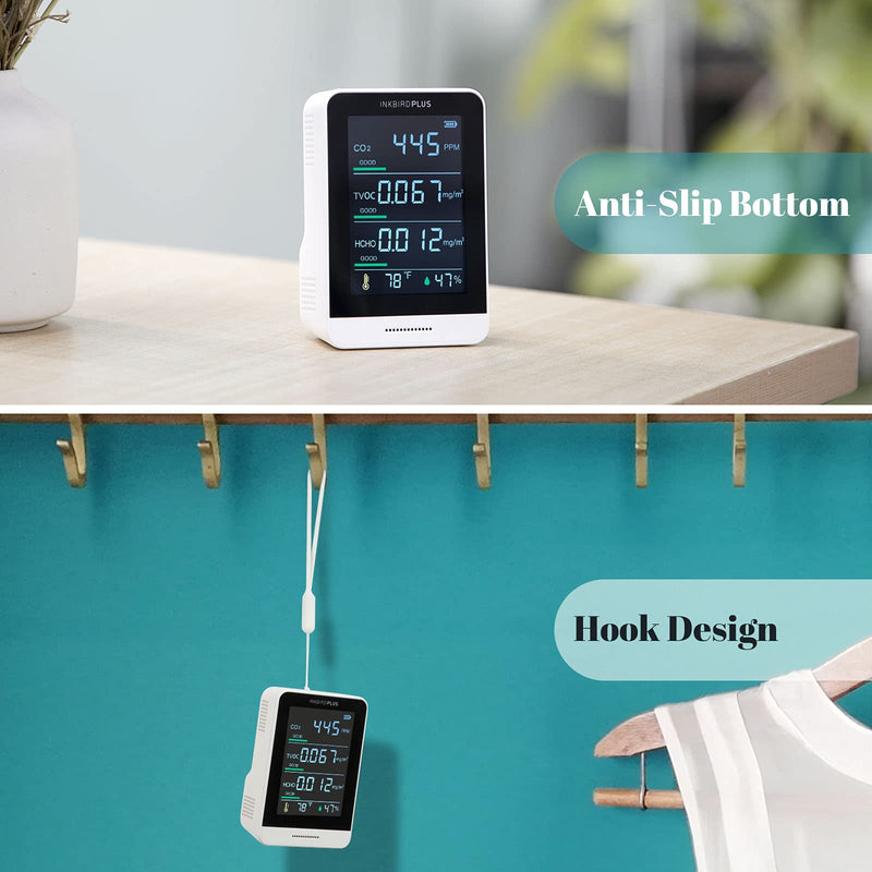 [Australia - AusPower] - INKBIRDPLUS Air Quality Monitor, Indoor CO2 Meter, Accurate Tester for CO2, HCHO, TVOC, Temperature and Relative Humidity, Real Time Display Rechargeable Battery. 