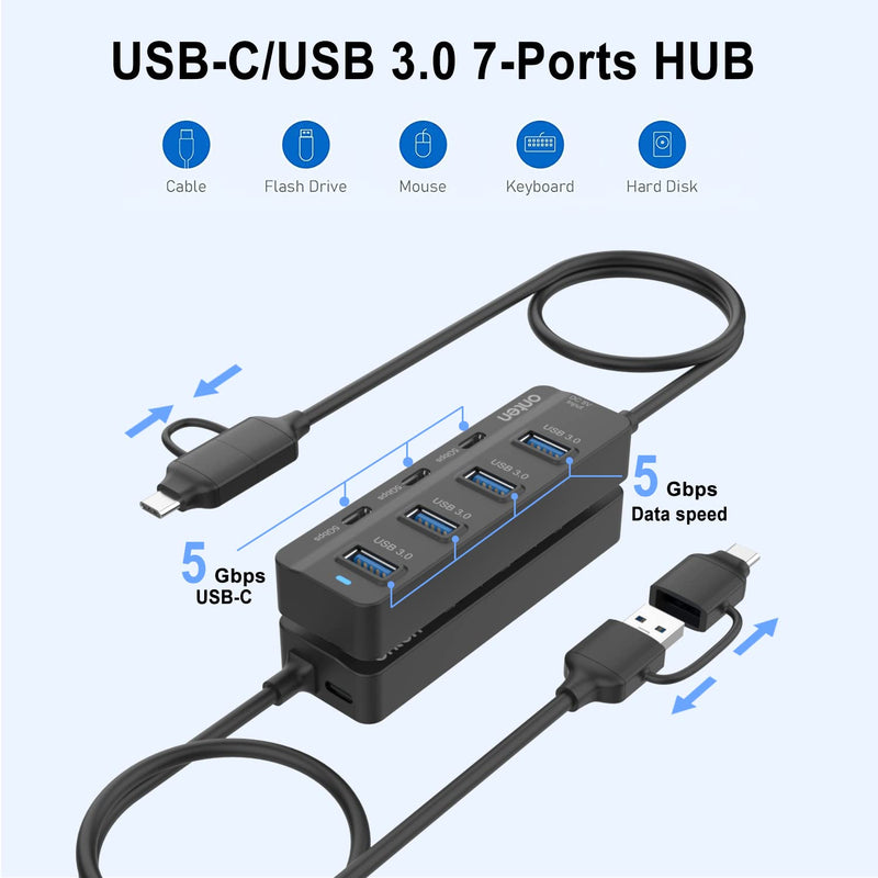[Australia - AusPower] - Onten USB C Hub,7Port USB 3.0 Hub,USB C to USB C Adapter,USB Splitter with 1.6 ft Cable 4*USB3.0 Ports,3*USB C Ports for Laptop MacBook Surface Pro and More USB/USB C Devices 