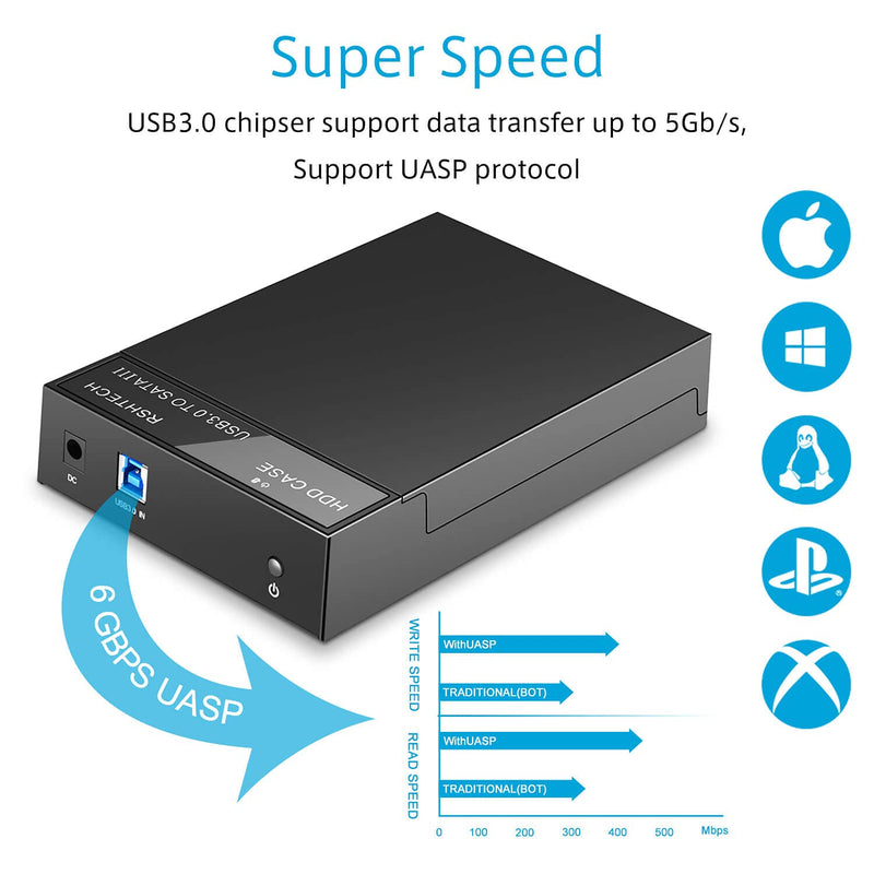 [Australia - AusPower] - Hard Drive Enclosure, RSHTECH USB 3.0 to SATA External Hard Drive Docking Station for 3.5 inch SATA I/II/III HDD SSD Up to 16TB Support UASP (Black) 