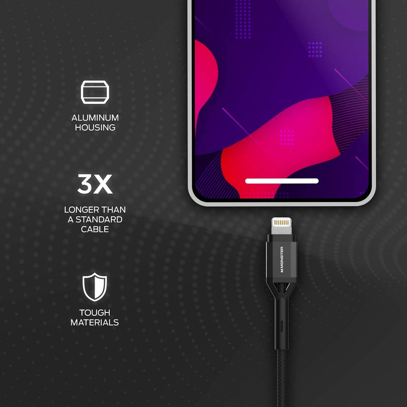 [Australia - AusPower] - Monster Nylon-Braided 6 or 10 Ft iPhone Charging Cable, Lightning to USB-A (Works w/iPhone SE/11/11 Pro/11 Pro Max/XS/XS Max/XR/X/8/8 Plus/7/7 Plus/6/6 Plus, iPad, iPad Pro, AirPods) (10 Ft, Black) 