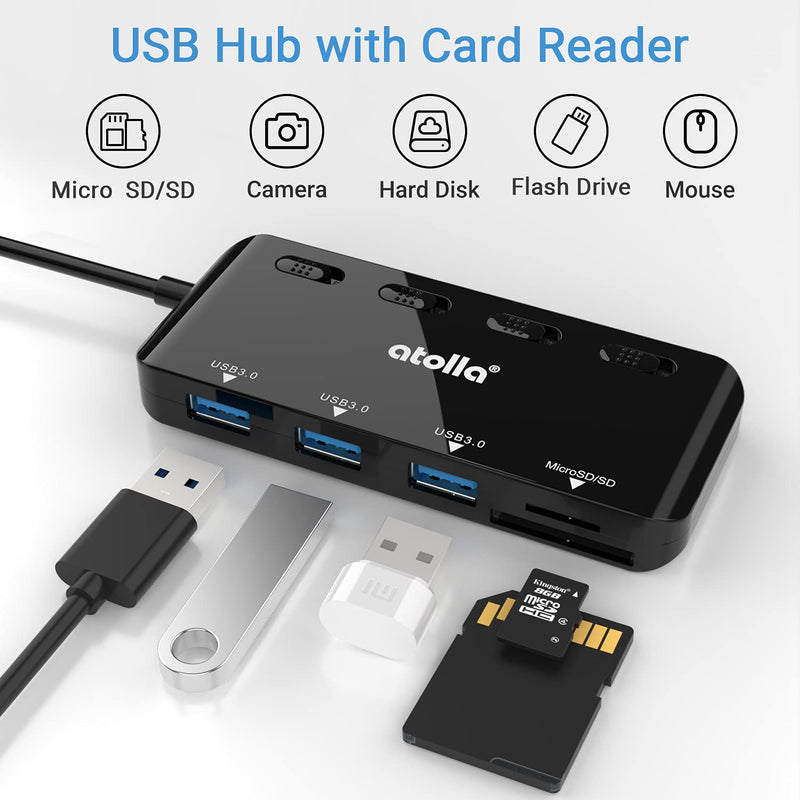 [Australia - AusPower] - SD Card Reader, atolla USB Hub with SD/Micro SD Card Reader, USB Splitter with 3 USB Ports, 2 Card Slots and Individual LED Power Switches Dark black 
