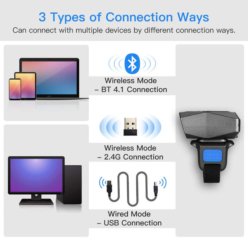 [Australia - AusPower] - Upgraded Eyoyo 1D Wireless Ring Barcode Scanner Bluetooth, 3-in-1 USB Wired Inventory Bar Code Scanner Fast Scanning Portable Mini Finger Barcode Reader for Tablet iPhone IPad Android Windows Mac 