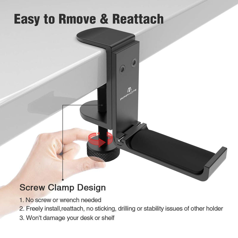 [Australia - AusPower] - APPHOME [Upgrade] Foldable Headphone Stand Hanger Holder Aluminum Headset Soundbar Stand Clamp Hook Under Desk Space Save Mount Fold Upward Not in Use, Universal Fit Gaming PC Accessories, Black 