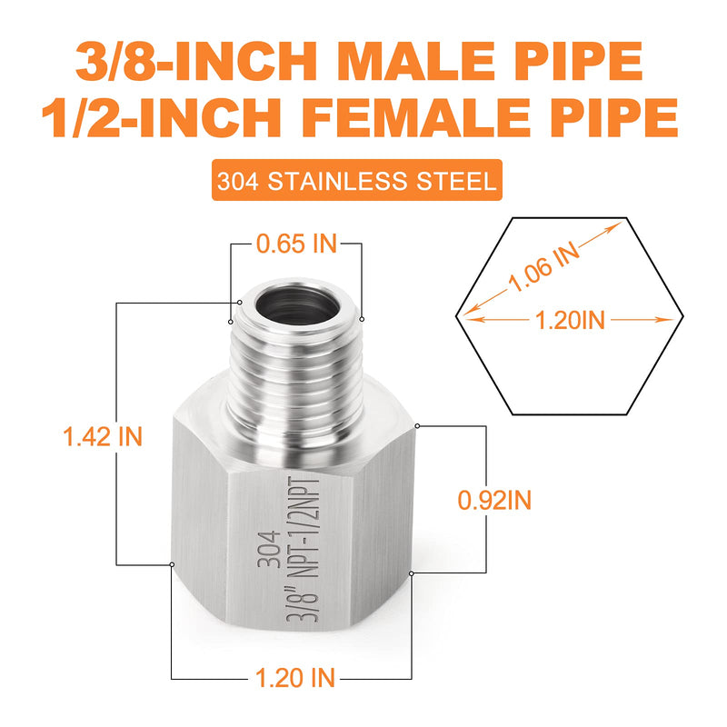 [Australia - AusPower] - GASHER 2PCS Stainless Steel Pipe Fitting, Hex Nipple, 1/2-Inch Female Pipe x 3/8-Inch Male Pipe 3/8" MNPT x 1/2" FNPT 2 