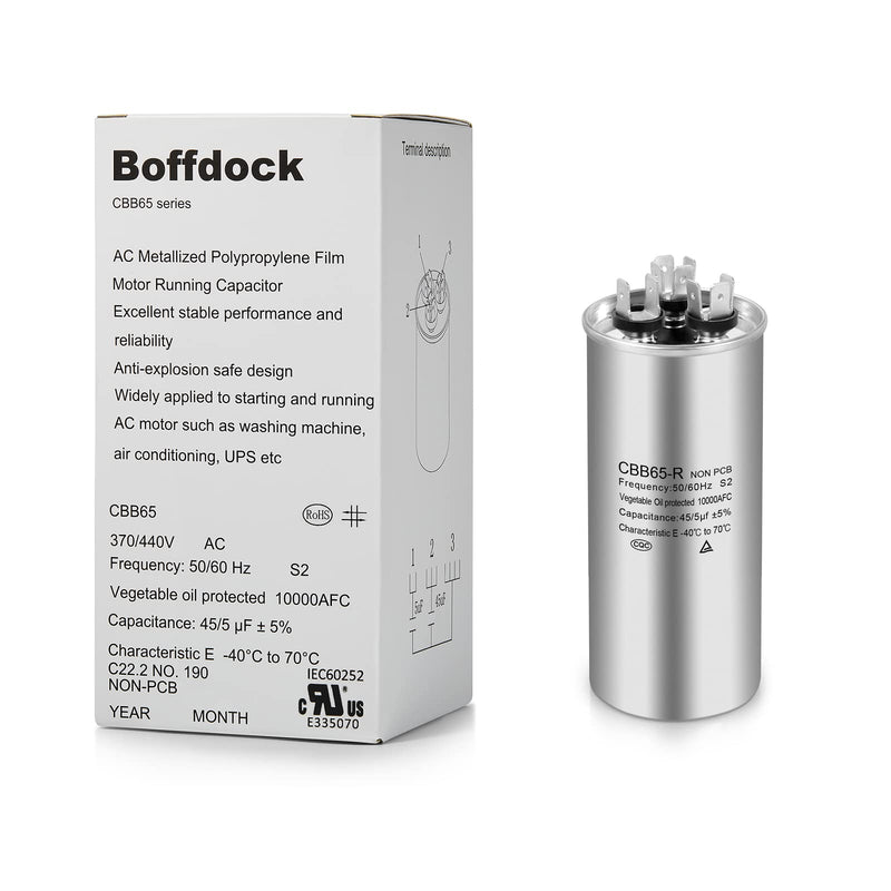 [Australia - AusPower] - Boffdock 45+5 MFD Capacitor ±5% 45/5 uF 370/440 VAC CBB65 Round Dual Run Capacitor for Air Conditioner,Heat Pump Condenser,Fan Start- 5 Years Warranty 45+5UF-370/440V 
