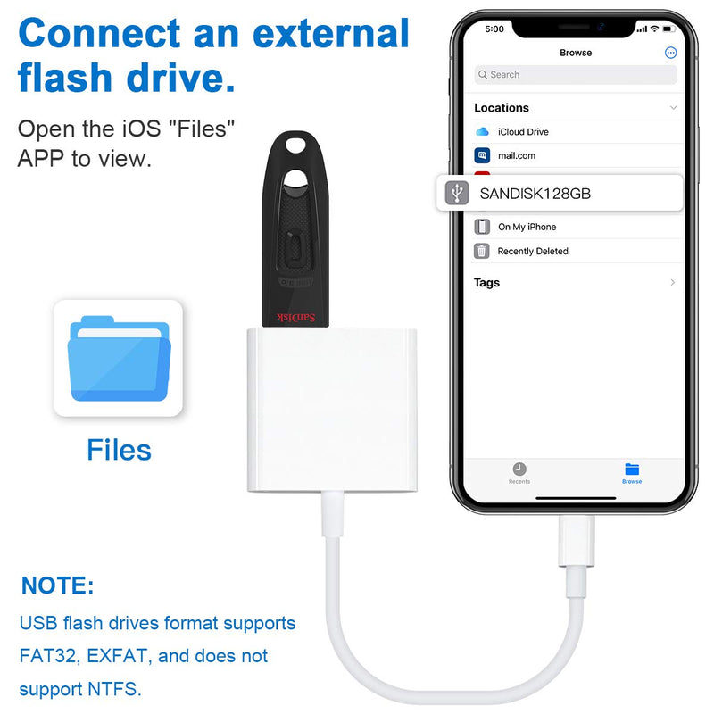 [Australia - AusPower] - Lightning to USB3 Camera Adapter with Charging Port, Lightning Female USB OTG Cable Adapter for Select iPhone,iPad Models Support Connect Camera, Card Reader, USB Flash Drive, MIDI Keyboard (White) 