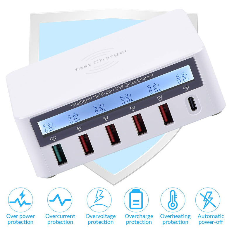 [Australia - AusPower] - Multiport USB Charging Station,100W 6 Port USB Fast Charging Station hub Fast Charging QC3.0 and PD Fast Chargers Apply to iPhone iPad Samsung Kindle Tablet Bluetooth earplugs 