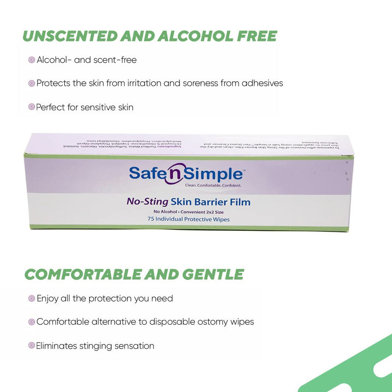 [Australia - AusPower] - Safe n' Simple No Sting Skin Prep Wipes - 75 Individual Ostomy Barrier Film Wipes - Skin Prep Protective Wipes - Bandage Medical for Skin 