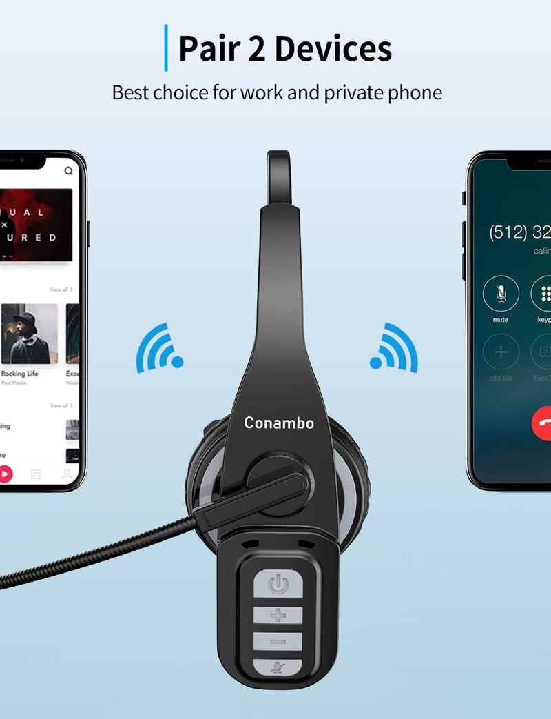 [Australia - AusPower] - Trucker Bluetooth Headset 5.0 with Microphone Noise Cancelling Wireless Phone Headset 22Hrs Talktime Mute Button for Cell Phones Laptop Office Home Online Class PC Call Center Skype Black 