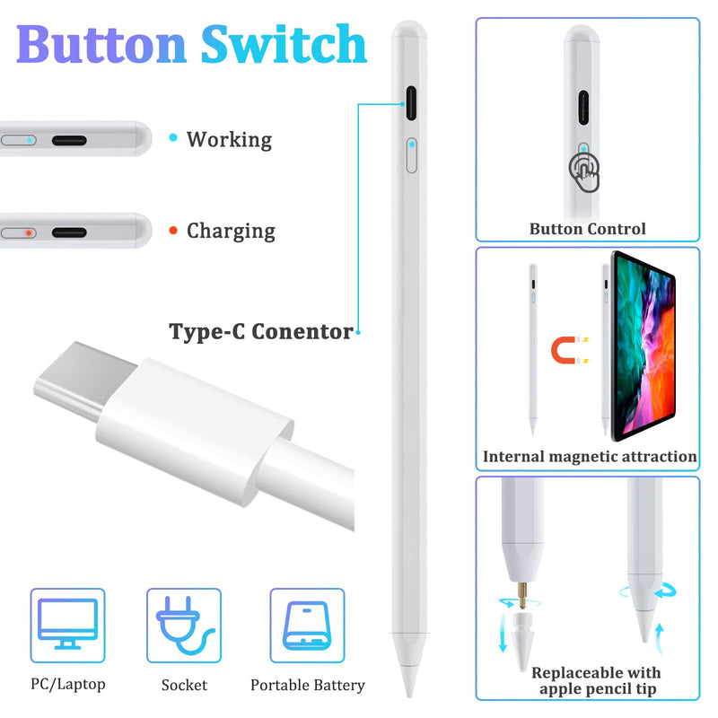 [Australia - AusPower] - Stylus Pen for Apple iPad with Palm Rejection, Tilt No Lag Magnetic Adsorption Active Pencil Compatible with 2018 and Later, iPad 6th-8th Pro 11/12.9'' Mini 5th Air 3rd/4th Gen Precise Drawing Writing 