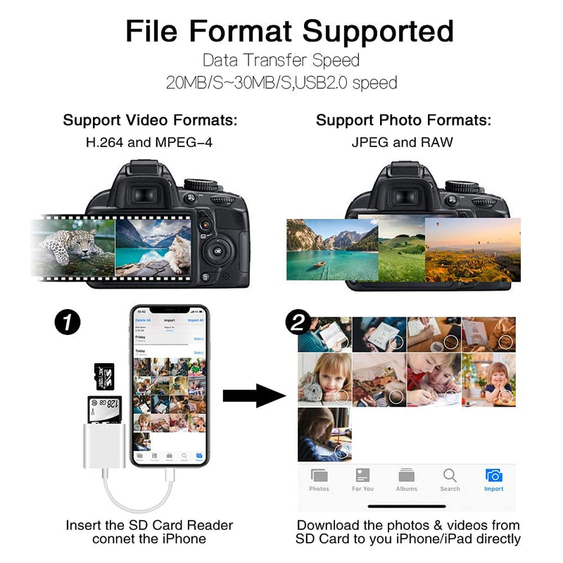 [Australia - AusPower] - Sd Card Reader for iPhone iPad Camera,Dual Card Slot Memory Card Reader Supports SD and TF Card Trail Camera Viewer Sd Card Adapter Portable Micro Sd Card Reader No Application Required Plug and Play 