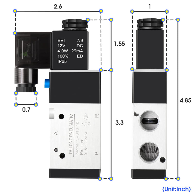 [Australia - AusPower] - TAILONZ PNEUMATIC 3/8"NPT Solenoid Valve 3V310-10 12V/24V/110V/220V Single Coil Pilot-Operated Electric 2 Position 3 Way Connection Type DC12V 