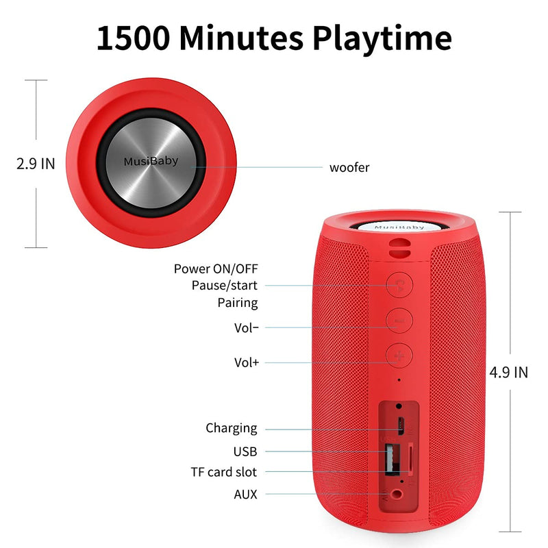 [Australia - AusPower] - Bluetooth Speaker,MusiBaby Bluetooth Speakers,Outdoor, Portable,Waterproof,Wireless Speakers,Dual Pairing, Bluetooth 5.0,Loud Stereo,Booming Bass,1500 Mins Playtime for Home,Party (Red, M68) Pure red 