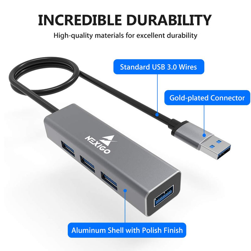 [Australia - AusPower] - NexiGo 4-Port USB 3.0 Hub, Aluminum Portable USB Hub, 2 Ft Cable, [5Gbps High Speed, 4.5W Charging Supported] for MacBook, Mac Pro/Mini, iMac, Surface Pro, Laptop, USB Flash Drives, Hard Drives 