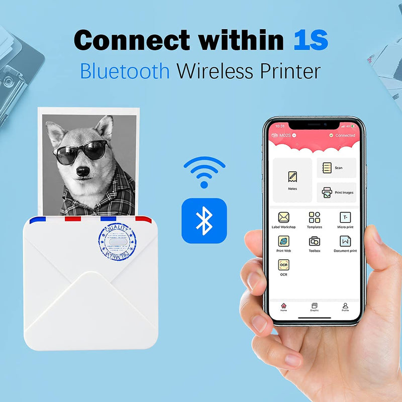 [Australia - AusPower] - Mini Portable Printer - Bluetooth Pocket Printer 300dpi HD Mobile Printer Wireless Thermal Printer, Compatible with iOS & Android, for Travel Study Work Notes Organization, with 1 Roll Print Paper 