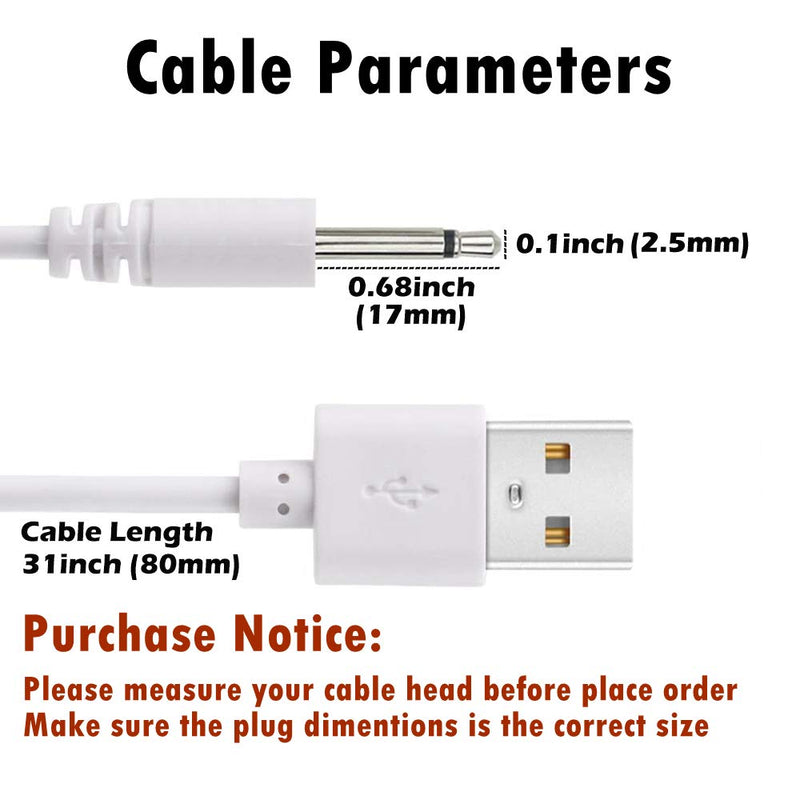 [Australia - AusPower] - 2 Pack 2.7ft Replacement DC Charging Cable, USB to DC 2.5mm Fast Charger Cord Adapter - 2.5mm (This is NOT Barrel Jack) White 