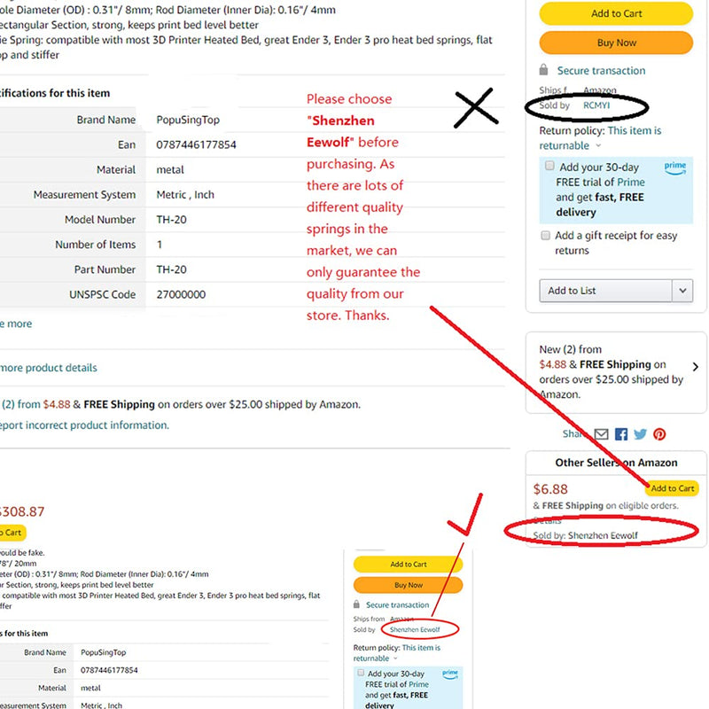 [Australia - AusPower] - 3D Printer Heat Bed Leveling Spring 8x20mm Compression Upgrade Yellow for Creality Ender 3 cr10 (Note: Please Choose"Sold by shenzhen Eewolf" Before Purchasing) 