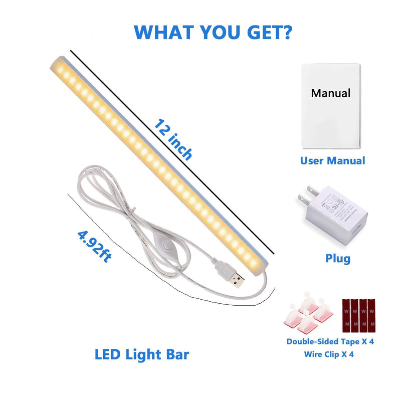 [Australia - AusPower] - Under Cabinet Light, 12Inch LED Closet Light with Memory Function, Warm White 3000K Dimmable Plug in USB LED Light, Slim LED Light Bar for Room 