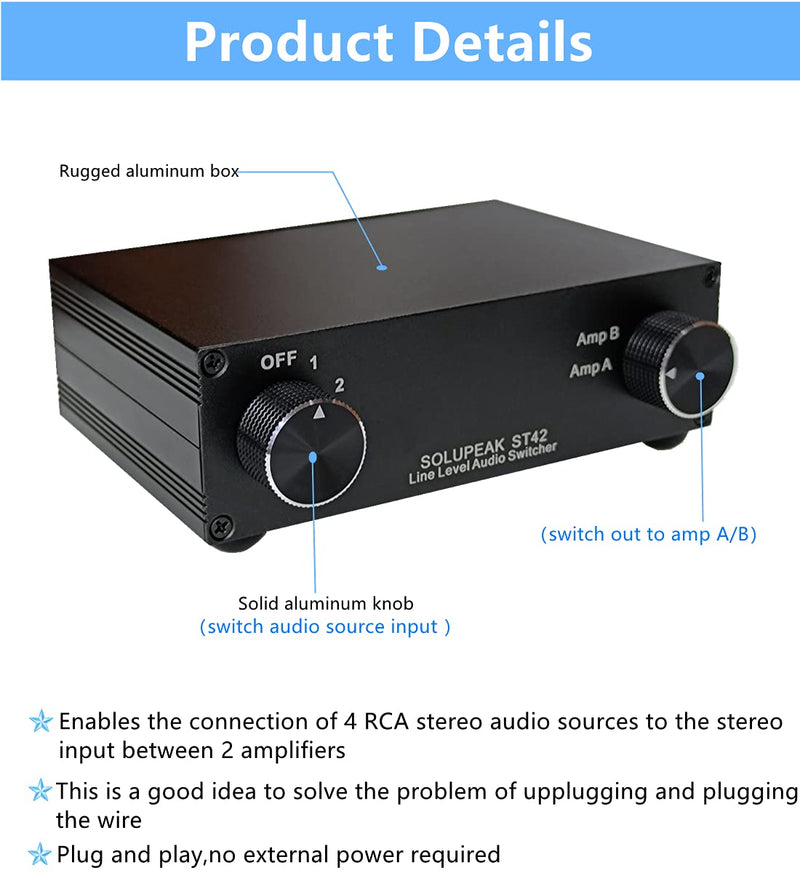 [Australia - AusPower] - SOLUPEAK ST42 4-Way RCA Audio Switch Source Signal Input switcher selector Splitter Box (4 in 2 Out) 4-WAY RCA Switch(4 IN 2 OUT)-Standard version 