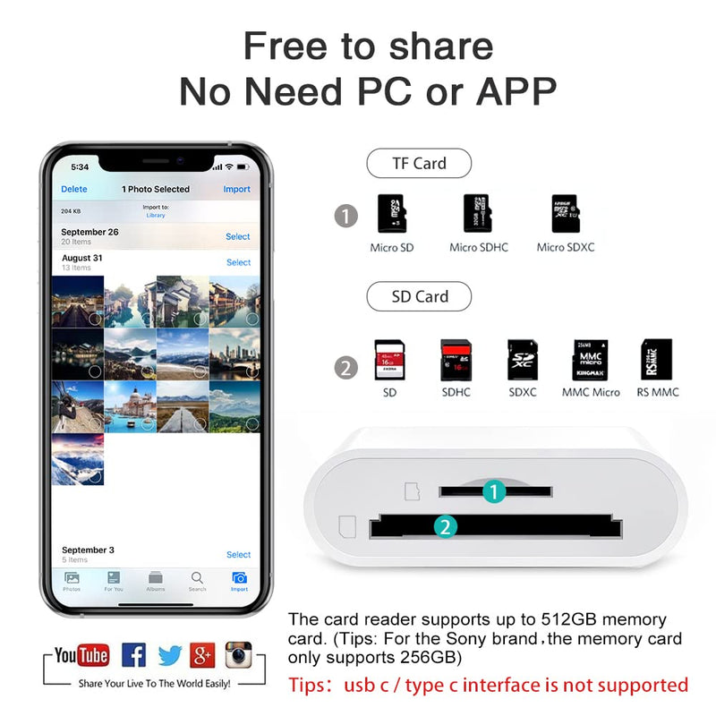 [Australia - AusPower] - Sd Card Reader for iPhone iPad Camera,Dual Card Slot Memory Card Reader Supports SD and TF Card Trail Camera Viewer Sd Card Adapter Portable Micro Sd Card Reader No Application Required Plug and Play 