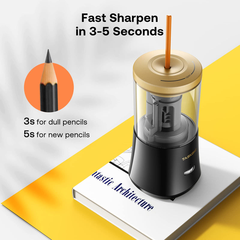 [Australia - AusPower] - Taskbiiz Electric Pencil Sharpener, Rechargeable Automatic Pencil Sharpener, Auto Feed & Release, Pencil Sharpener for Colored Pencils(6-8mm)/No.2, Sharpen 300+ Times for 1.5-hr Charge (Black+Gold) Black 