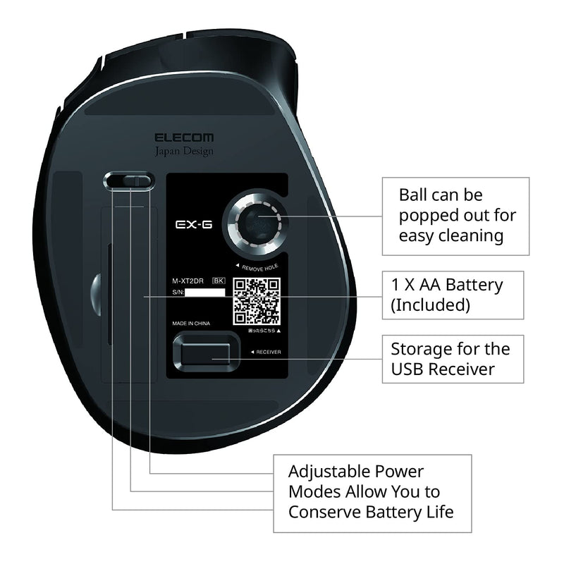 [Australia - AusPower] - ELECOM EX-G Trackball Mouse, 2.4GHz Wireless, Thumb Control, Sculpted Ergonomic Design, 6-Button Function with Smooth Tracking, Ergonomic Design, Optical Gaming Sensor, Windows11, macOS (M-XT3DRBK) 