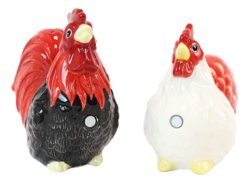 [Australia - AusPower] - Ebros Gift Ceramic Rustic Chicken Farm Black Rooster And White Hen Couple Magnetic Salt And Pepper Shakers Set Home and Kitchen Dining Table Accessory For Party Hosting Barnyard Animals Collectibles 