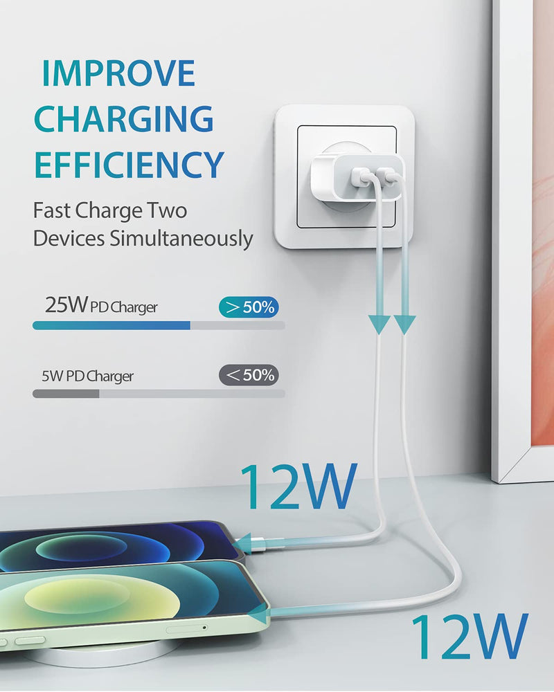 [Australia - AusPower] - iPhone Charger, 25W USB C Charger Dual Ports USB Type C Fast Charger with 3FT 20W USB C to Lightning Cable MFi Certified Type C PD Charger for iPhone 13/12/12 Pro/12 Pro Max/11/11 Pro/XS Max/XR/X/8 White-25W 