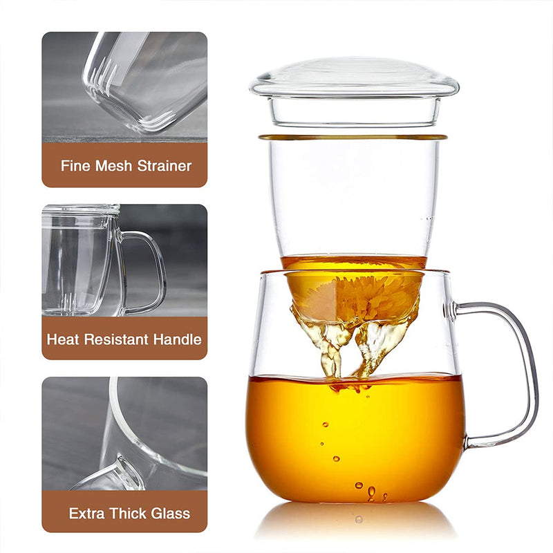 [Australia - AusPower] - DOPUDO PAVILION Glass Tea Cup with Infuser and Lid, 17.6oz/ 520ml Borosilicate Glass Large Tea Mug with Infuser, Clear Teacup for Loose Leaf Tea, Blooming Tea, Tea Bag 