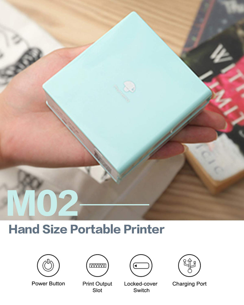 [Australia - AusPower] - M02 Pocket Printer Gift Box Set, Mini Bluetooth Mobile Sticker Printer, Compatible with iOS & Android, for Print Fun, Study Notes, Journal, Include 3 Roll Thermal Labels, Green with 3 Roll Papers 