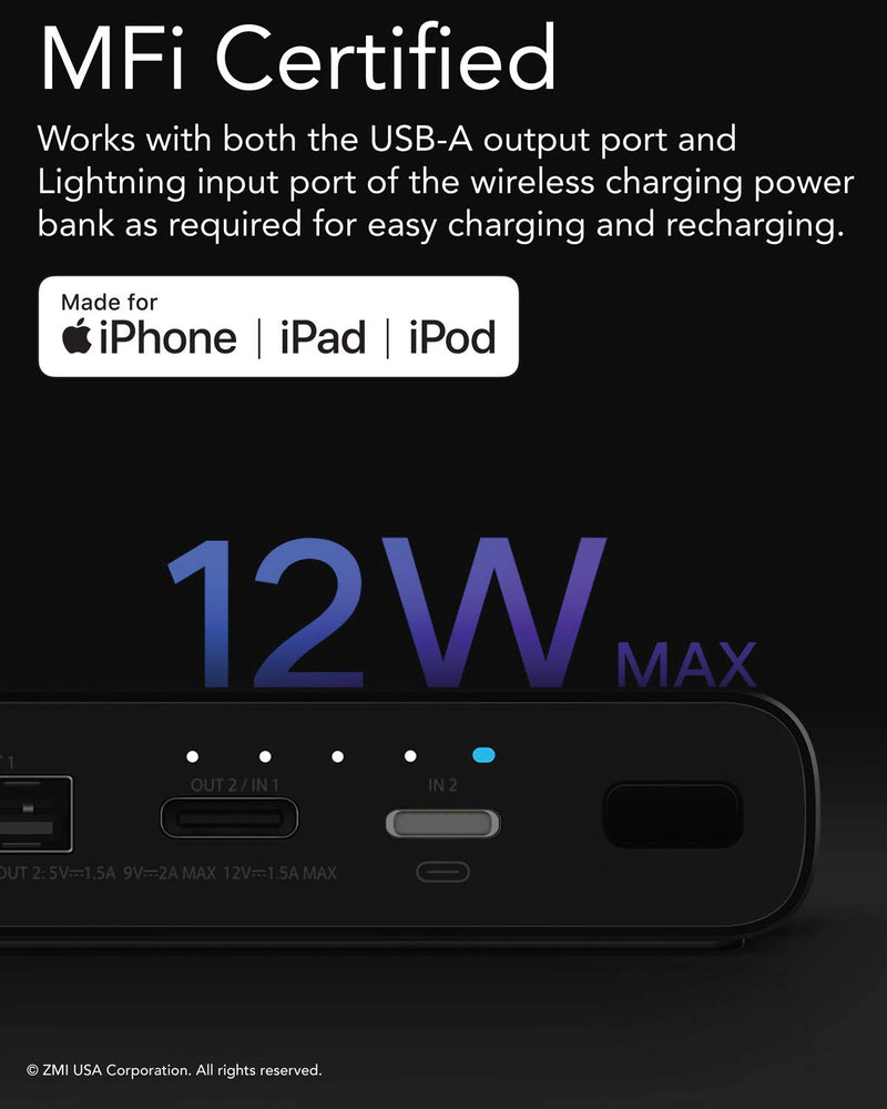 [Australia - AusPower] - Wireless Power Bank Compatible with iPhone 13/12/11/Pro/Max/X/XS/XS Max/8/8 Plus and iPad ZMI LevPower M10 MFi and Qi Certified USB PD Portable Charger with USB-C and Lightning Port 