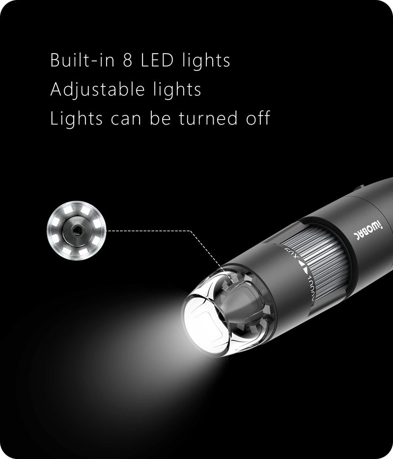 [Australia - AusPower] - Digital Microscope Wireless Pocket Handheld USB Microscopes, 50x-1000x Zoom Fixed Focus HD Magnifier with LEDs, Inspection Camera Compatible with iPhone, Android Phone, MacBook, Windows PC (Black) 
