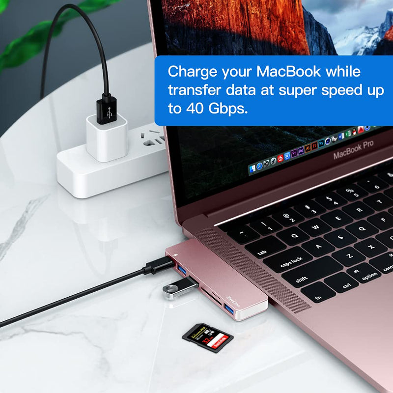 [Australia - AusPower] - USB C Hub Adapter for MacBook Pro/Air 2020 2019 2018, 6 in 1 USB-C Accessories Compatible with MacBook Pro 13″ and 15″ with 3 USB 3.0 Ports, TF/SD Card Reader, USB-C Power Delivery (Pink) Pink 
