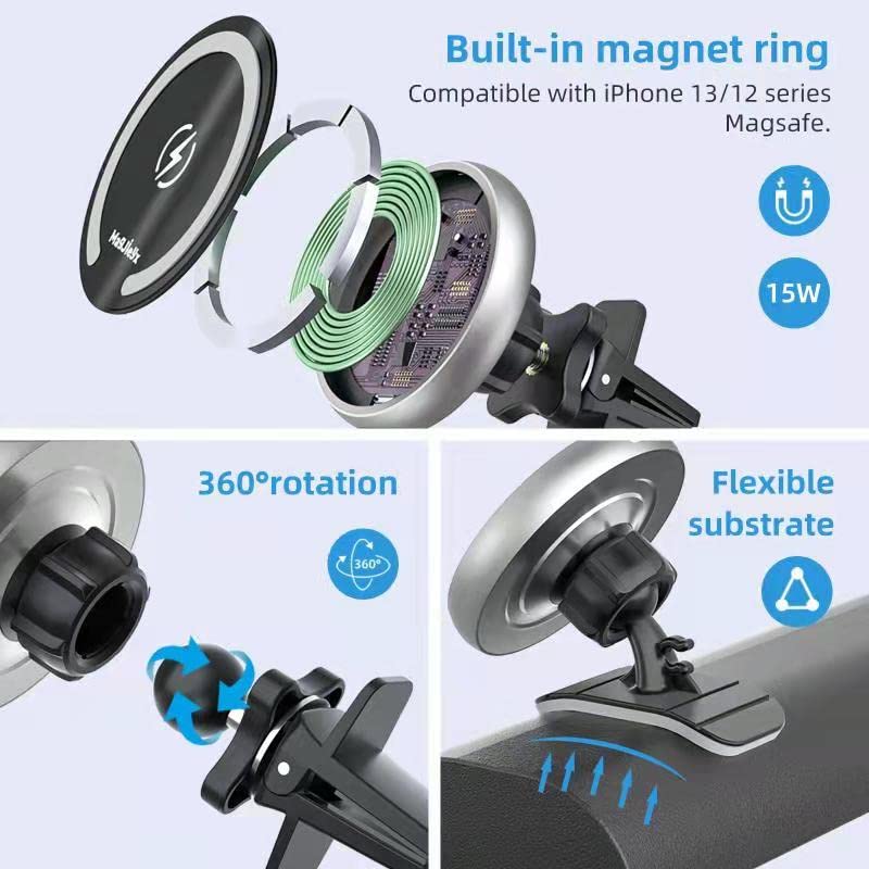 [Australia - AusPower] - Magnetic Wireless Car Charger Mount Stick On Car Dashboard for MagSafe iPhone 13/13 Pro/ 13 Pro Max/ 13 Mini/iPhone12/12 Pro/ 12 Pro Max/12 Mini, and Air Vent Car Phone Holder (Silver) Sliver 