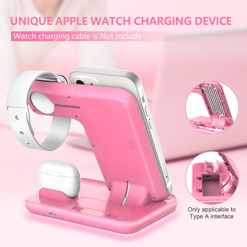 [Australia - AusPower] - WAITIEE Wireless Charger 3 in 1, 15W Fast Charging Station for Apple iWatch SE/6/5/4/3/2/1,AirPods Pro, Compatible with iPhone 12/12 Pro Max/11 Series/XS Max/XR/XS/X/8/8 Plus/Samsung Galaxy (Pink) Pink 