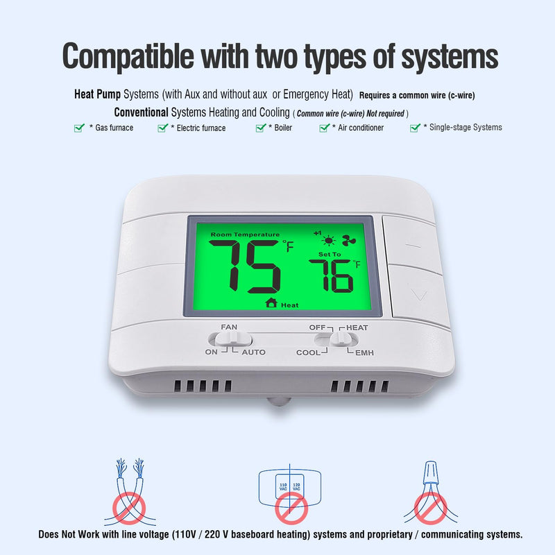 [Australia - AusPower] - Garystat Non-Programmable Heat Pump Thermostat for House 2 Heat/1 Cool, with Temperature & Humidity Monitor and Large Green LCD 
