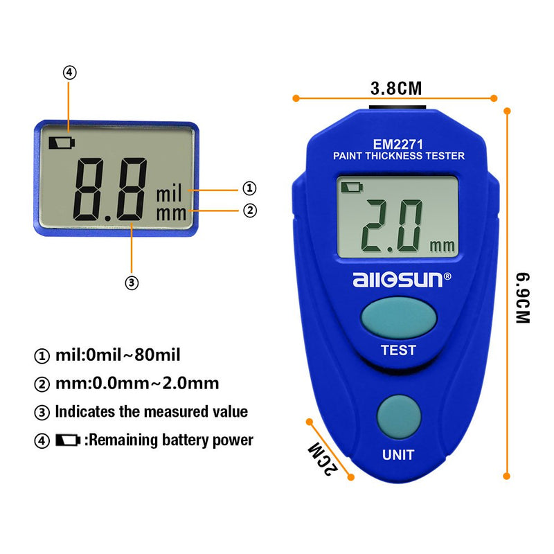 [Australia - AusPower] - allsun Paint Thickness Gauge Automotive Digital Car Coating Thickness Meter Calibration Data Hold Resolution 1mil Blue 