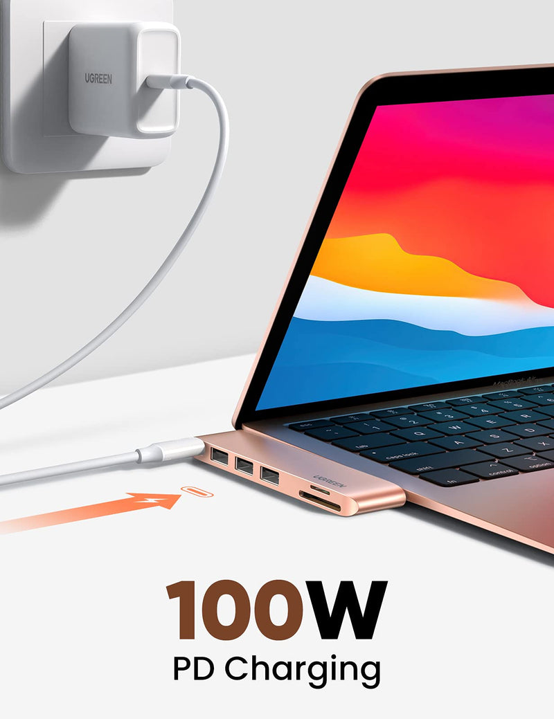[Australia - AusPower] - UGREEN USB C Hub for MacBook Aluminum Type C Adapter with 3 USB 3.0 100W USB C Power Delivery Micro SD SD Card Reader Compatible for MacBook Pro Air M1 2020 2019 2018 2017, Gold 