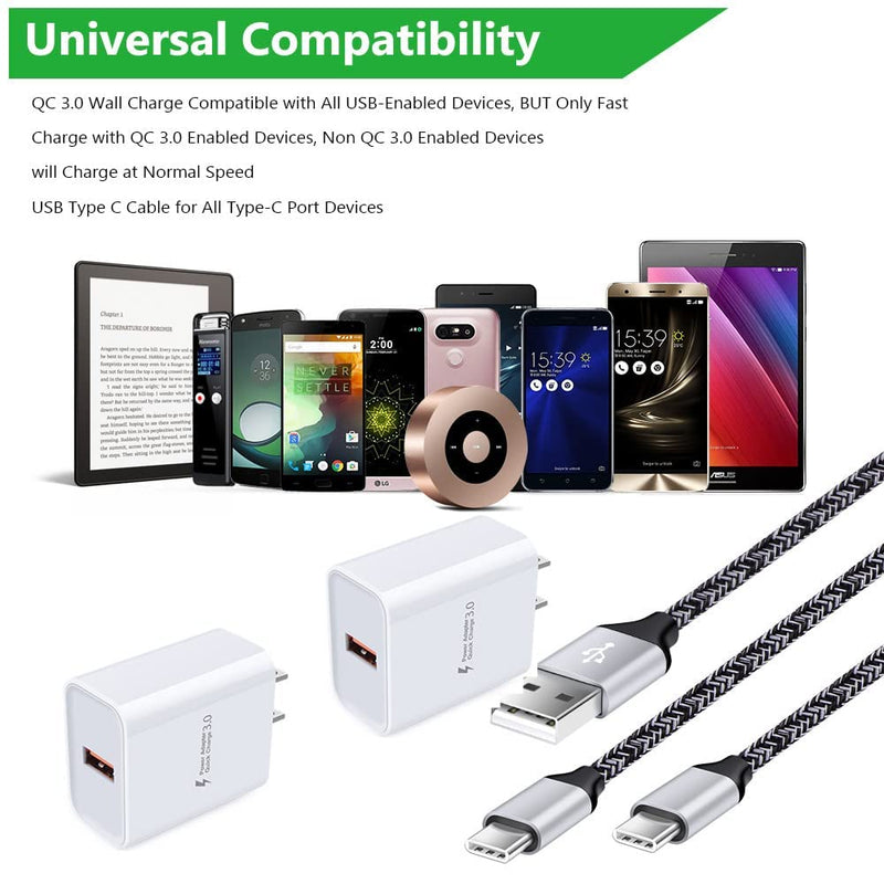 [Australia - AusPower] - 18W Quick Charge 3.0 Fast Charger for LG Stylo 6 5 4 Stylo 5+ V60 V50 V40 G8 G8X G8S G7 V35 ThinQ K51 K52 K61 K62 K92 V30 V20 G6 G5 Q7+,LG Velvet/Wing, 3A Rapid Wall Charger Plug+2PC 6FT USB C Cable White 
