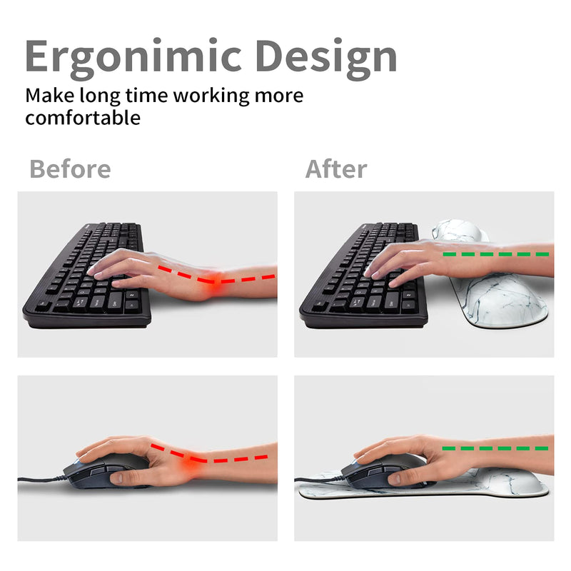 [Australia - AusPower] - Wrist Rest Support Ergonomic Mouse Pad & Keyboard Set Memory Foam Non-Slip Rubber Base Cute Mouse Mat Coaster for Home,Computer,Office Easy Typing and Relieve Wrist Pain - White Marble 