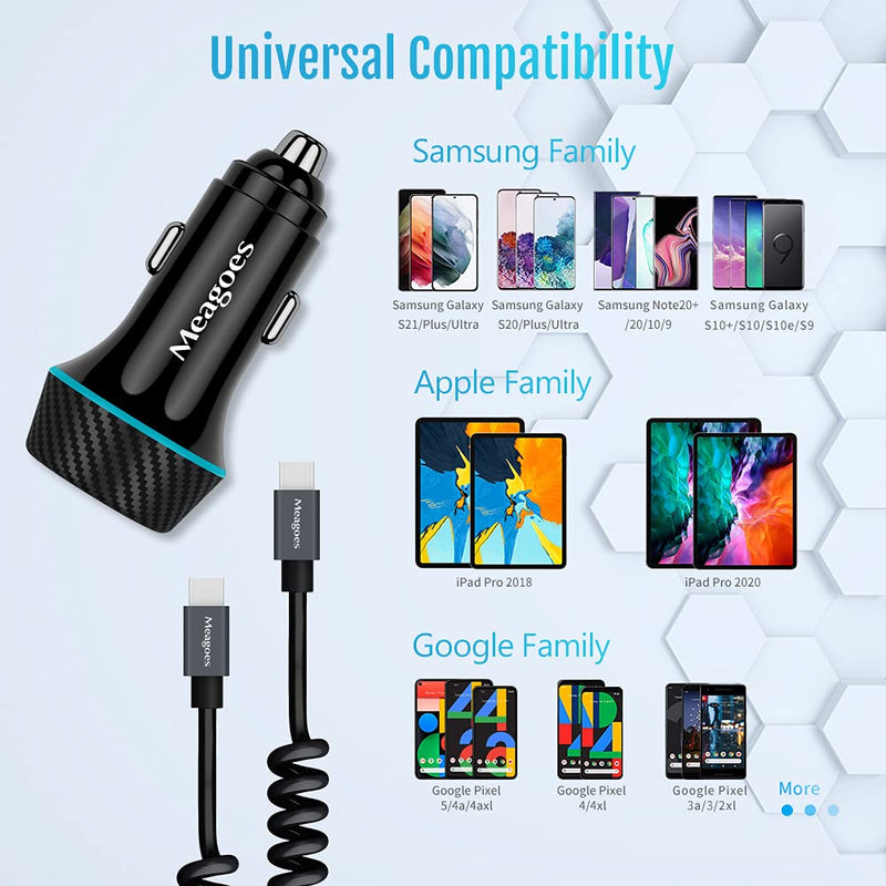 [Australia - AusPower] - Meagoes Super Fast USB C Car Charger Adapter with 30W PD[PPS]&QC3.0 Dual Port Compatible with Google Pixel 6/5/4a, Samsung Galaxy S21/S20/S10/Note 20/10 Android Phone - Type C Charging Coiled Cable 