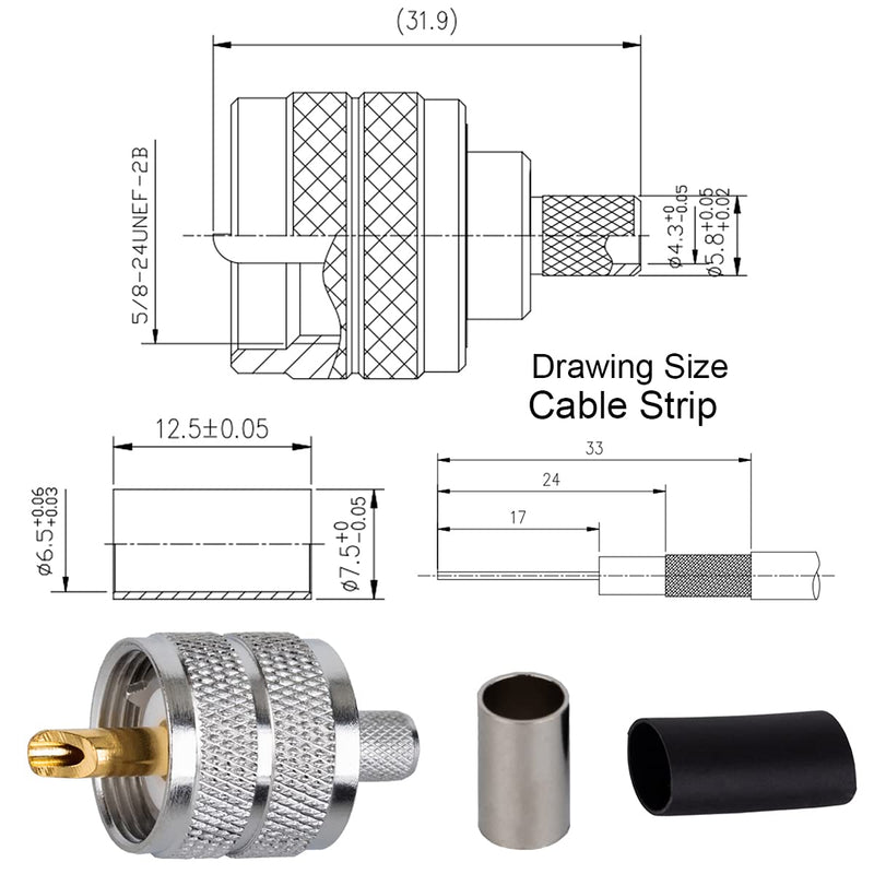 [Australia - AusPower] - RFIOTASY Pack of 5 UHF PL-259 PL259 Male Crimp Coax Connector Adapter Connector for RG8X, LMR240 Coax Cable Compatiable with Ham Radio 5 piece UHF male lmr240 